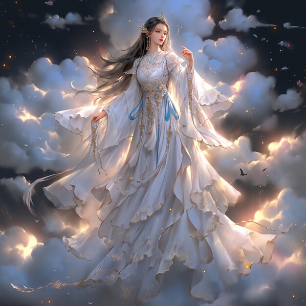 arafed woman in a white dress flying through the air generative ai
