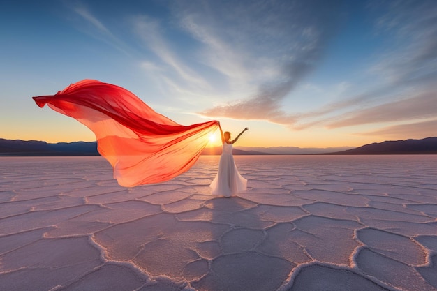Foto donna arrafata in abito bianco che tiene un panno rosso nel deserto generativo ai