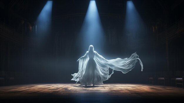 Arafed woman in a white dress on a stage with a long flowing white dress generative ai