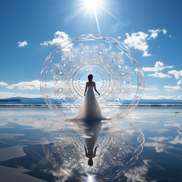 Арафированная женщина в белом платье, стоящая в пузырьке на пляже.