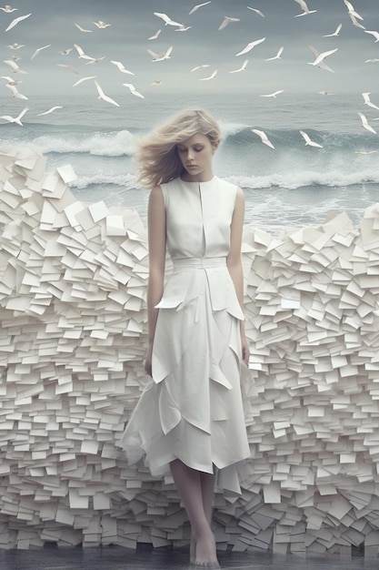 Arafed woman in white dress standing in front of a wall of papers generative ai