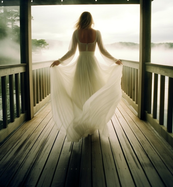 Arafed woman in a white dress walking on a wooden deck generative ai