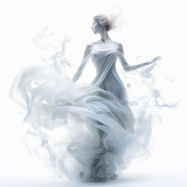 arafed woman in a white dress with flowing white fabric generative ai