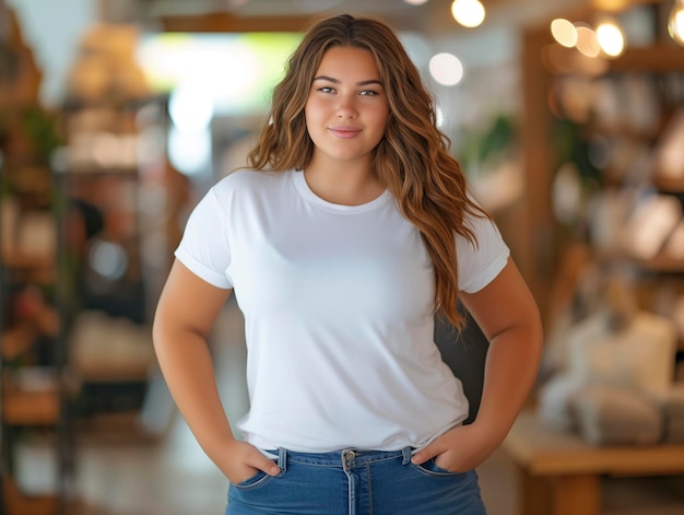 Foto donna arafed in camicia bianca e jeans in piedi in un negozio