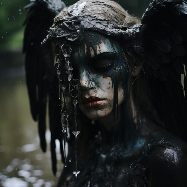 arafed woman with black paint and wings standing in water generative ai