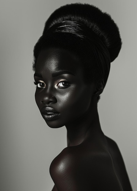 arafed woman with black skin and a bun in a black and white photo generative ai