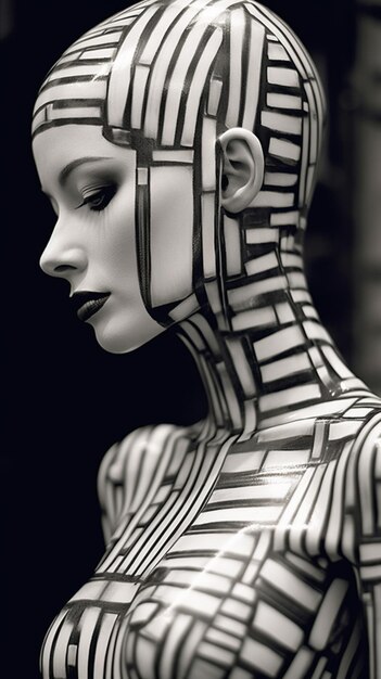 Arafed woman with a black and white body painted like a robot generative ai