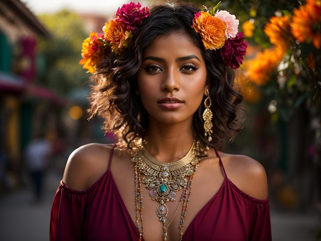 Foto donna araba con un fiore tra i capelli e una collana foto di una bella donna bella donna