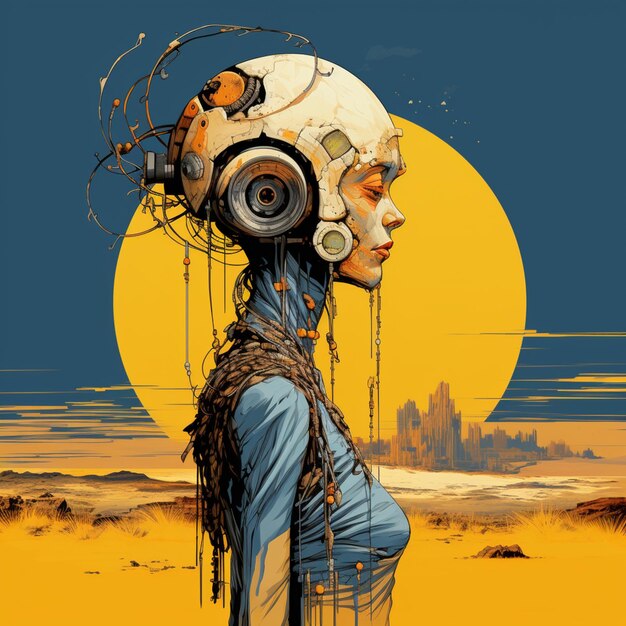 Arafed woman with a helmet and headphones on in a desert generative ai