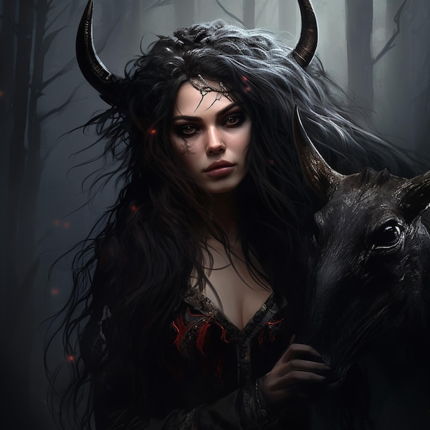 arafed woman with horns and a goat in a dark forest generative ai