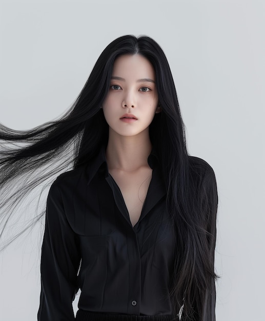 arafed woman with long black hair standing in front of a white wall generative ai