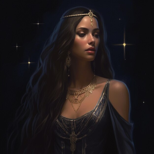 arafed woman with long hair wearing a gold headpiece and a blue dress generative ai