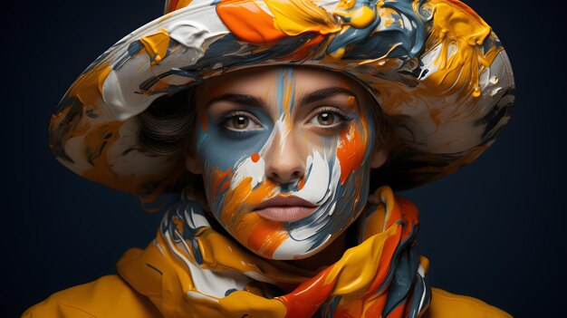 arafed woman with painted face and hat posing for a picture Generative AI