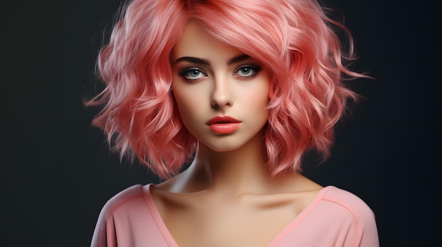 arafed woman with pink hair and a pink top posing for a picture Generative AI