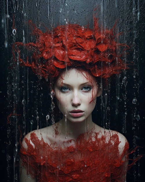 arafed woman with red hair and red feathers in a shower generative ai