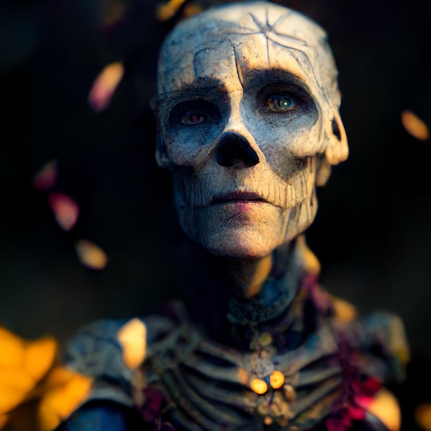 Arafed woman with skeleton face and body painted with flowers generative ai
