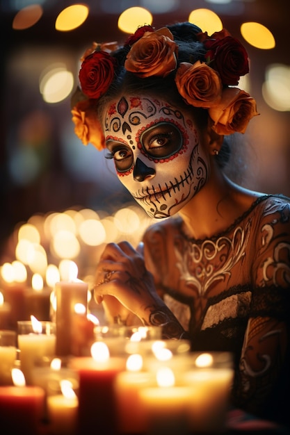 Photo arafed woman with sugar skull makeup and roses in her hair generative ai