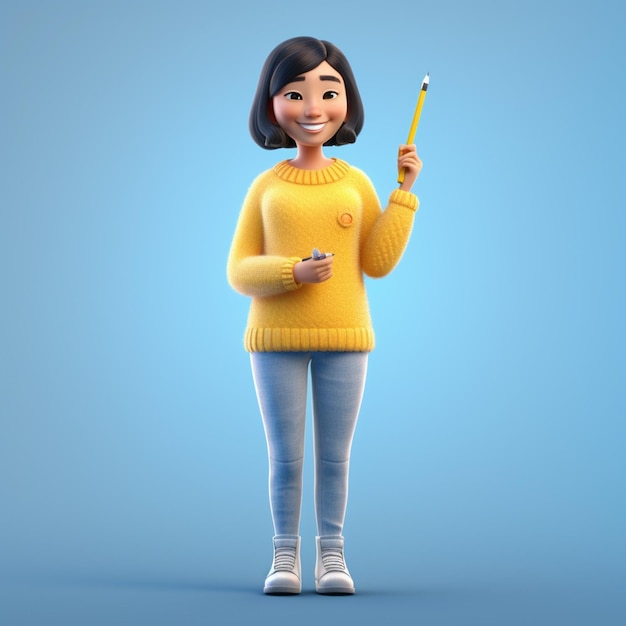 Arafed woman in a yellow sweater holding a pencil and a pencil in her hand generative ai