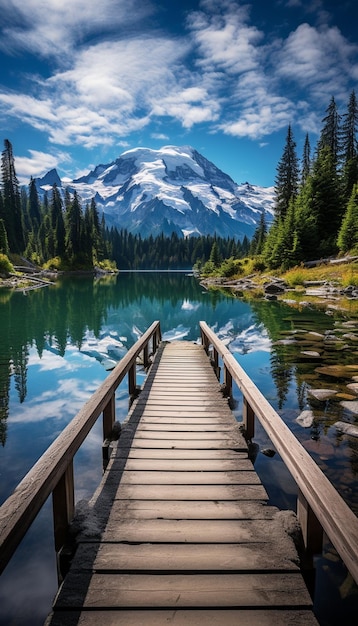 Foto ponte di legno arafed sopra un lago con una montagna sullo sfondo ai generativa