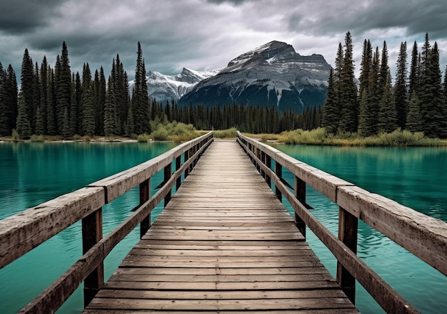 arafed wooden bridge over a lake with mountains in the background generative ai