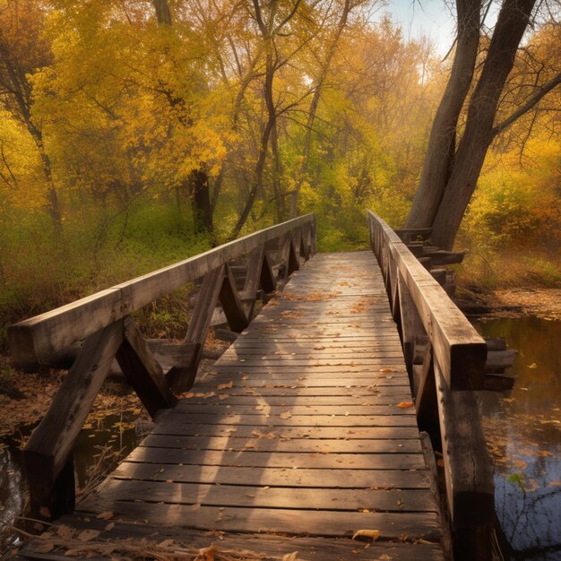 arafed wooden bridge over a small stream in a wooded area generative ai