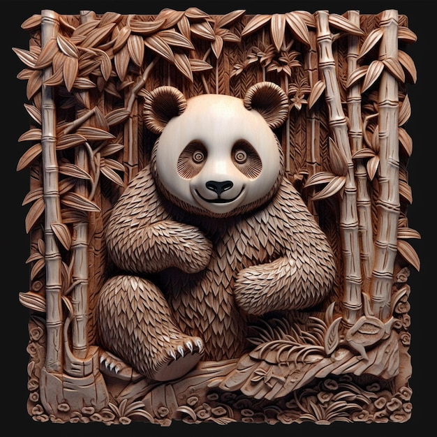 arafed wooden carving of a panda bear in a bamboo forest generative ai