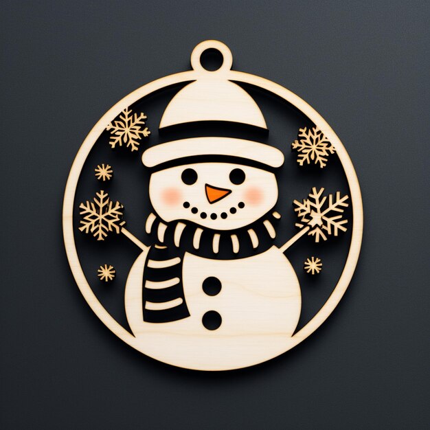 Photo arafed wooden ornament with a snowman and snowflakes generative ai