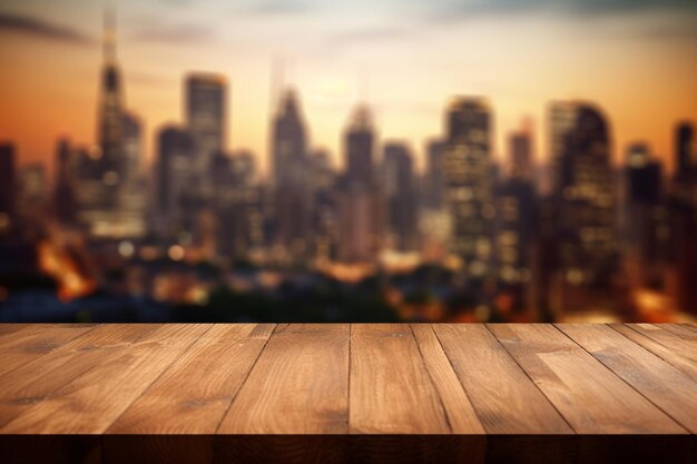 Arafed wooden table top with blurred cityscape in the background generative ai