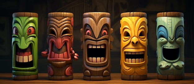 Arafed wooden tiki heads are lined up on a table generative ai