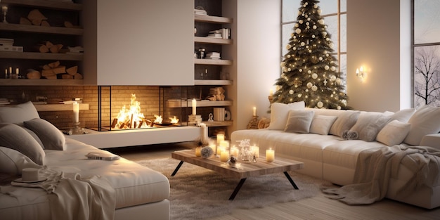 Arafed woonkamer met een kerstboom en een open haard generatieve ai