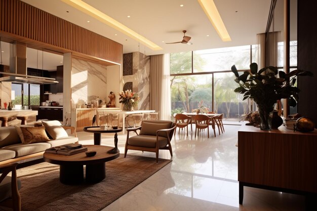 Arafed woonkamer met veel meubels en een groot raam generatieve ai