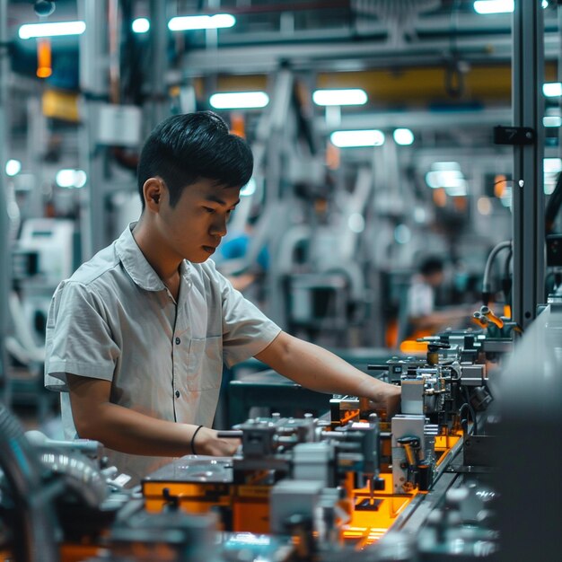 Foto lavoratore arrafed che lavora in una fabbrica con molte macchine generative ai