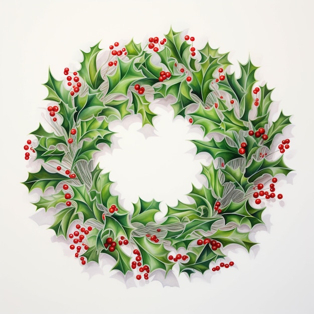 Arafed wreath of holly leaves and red berries on a white surface generative ai