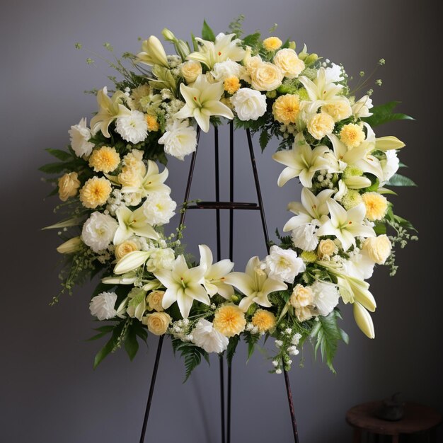 arafed wreath of white and yellow flowers on a stand generative ai