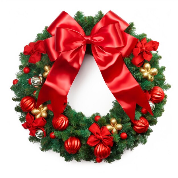Photo arafed wreath with red ribbon and ornaments on white background generative ai