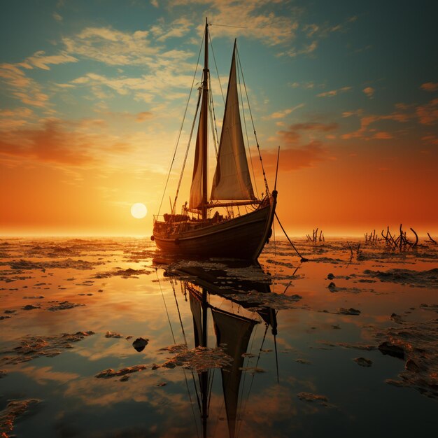 arafed zeilboot op het water bij zonsondergang met een hemelachtergrond generatieve ai