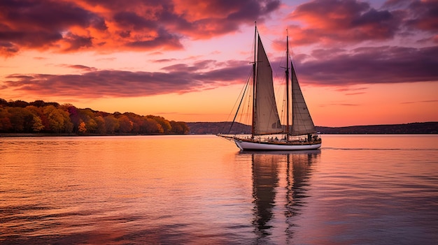 arafed zeilboot zeilen op rustig water bij zonsondergang generatieve ai