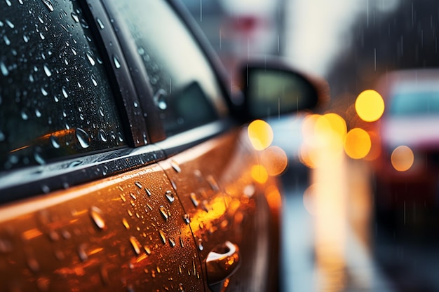 Arafed zicht op een auto met regen aan de zijkant generatieve ai
