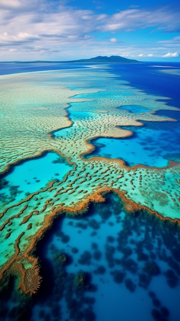 arafed zicht op een prachtige blauwe oceaan met een paar kleine stukjes watergenererende ai