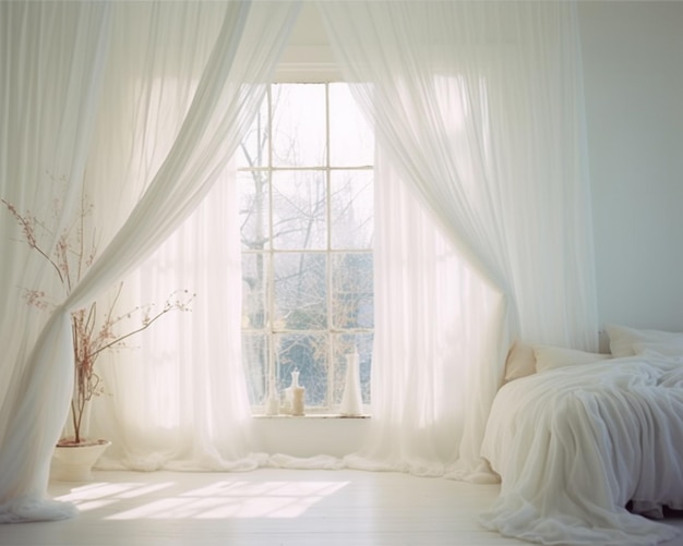 arafed zicht op een slaapkamer met een bed en een raam generatieve ai