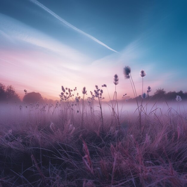 Arafed zicht op een veld met gras en bloemen op de voorgrond generatieve ai