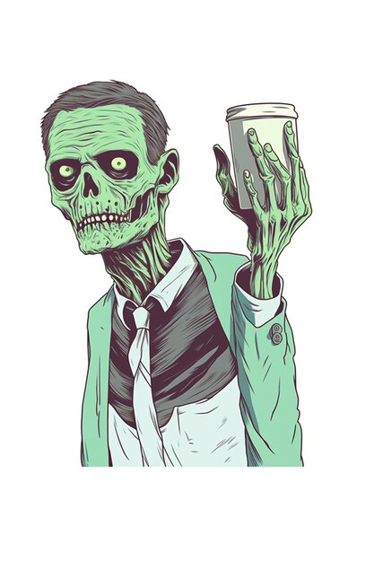 Photo arafed zombie holding a cup of coffee and a cell phone generative ai