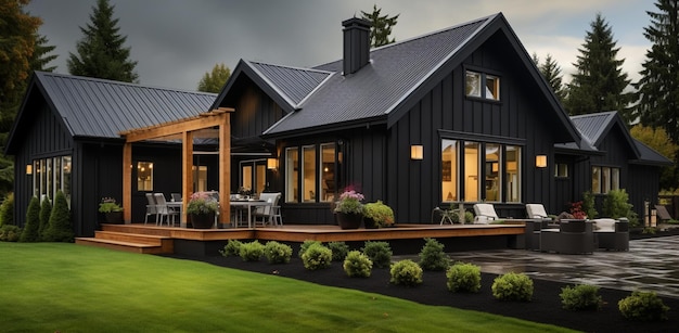 Foto arafed zwart huis met een overdekte veranda en een overdekte patio generatieve ai