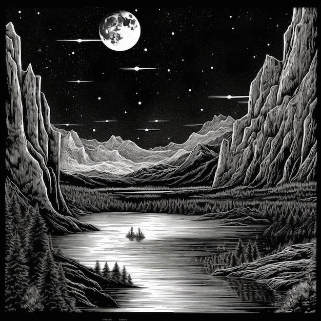 Arafed zwarte en witte tekening van een bergmeer met een volle maan generatieve ai
