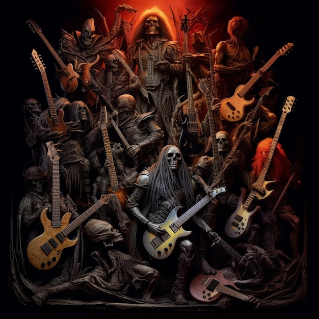 Arafedbeeld van een groep mensen met gitaren en skeletten generatieve ai