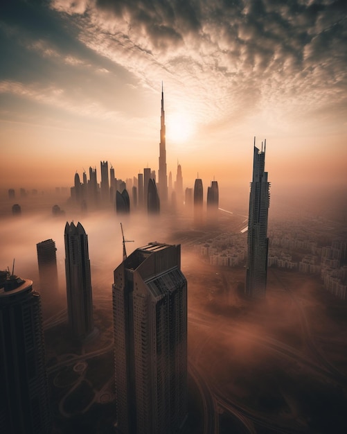 Photo araffature of a city in the middle of a foggy area generative ai