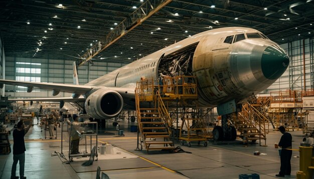 Foto arafatura di un grande aereo in un grande hangar con lavoratori generativi ai