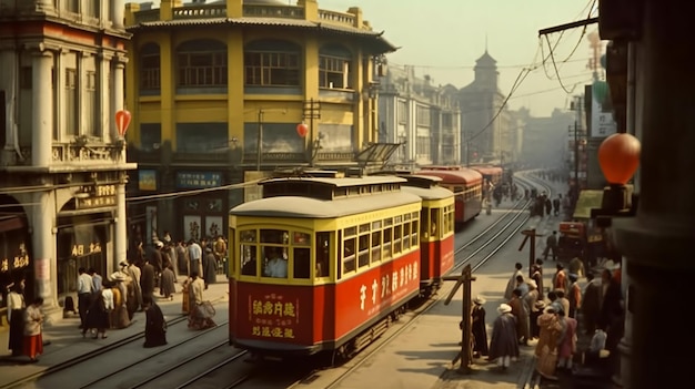 Araffatuur van een rode en gele trolley op een generatieve ai in de stadsstraat