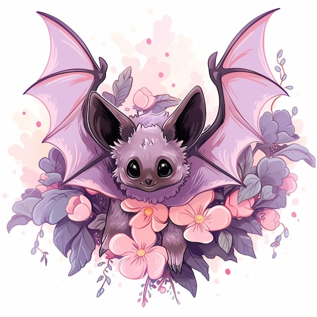 araffe bat with flowers and leaves on a white background generative ai