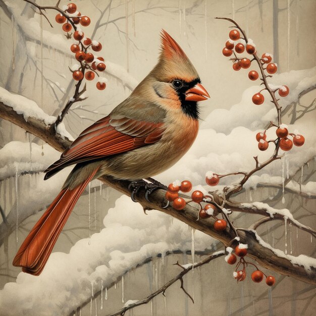 araffe bird perched on a branch with berries in the snow generative ai